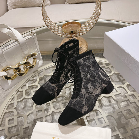 NAUGHTILY-D ANKLE BOOT BLACK TRANSPARENT MESH AND SUEDE EMBROIDERED WITH ROSES MOTIF 35 MM - 34