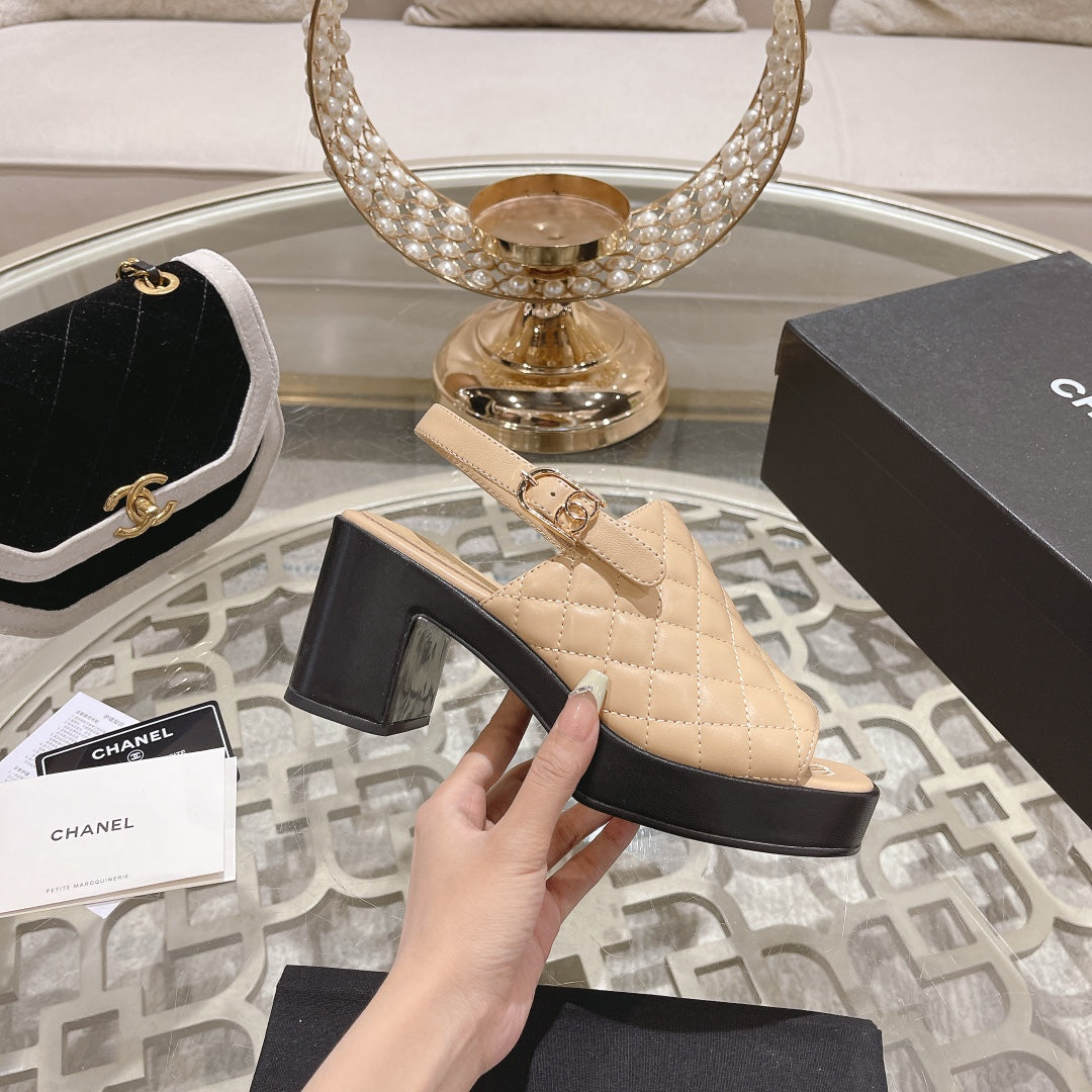 Double C  Chunky Heel Peep-Toe Open Sandals Beige Cream Lambskin - 35