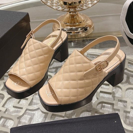 Double C  Chunky Heel Peep-Toe Open Sandals Beige Cream Lambskin - 35