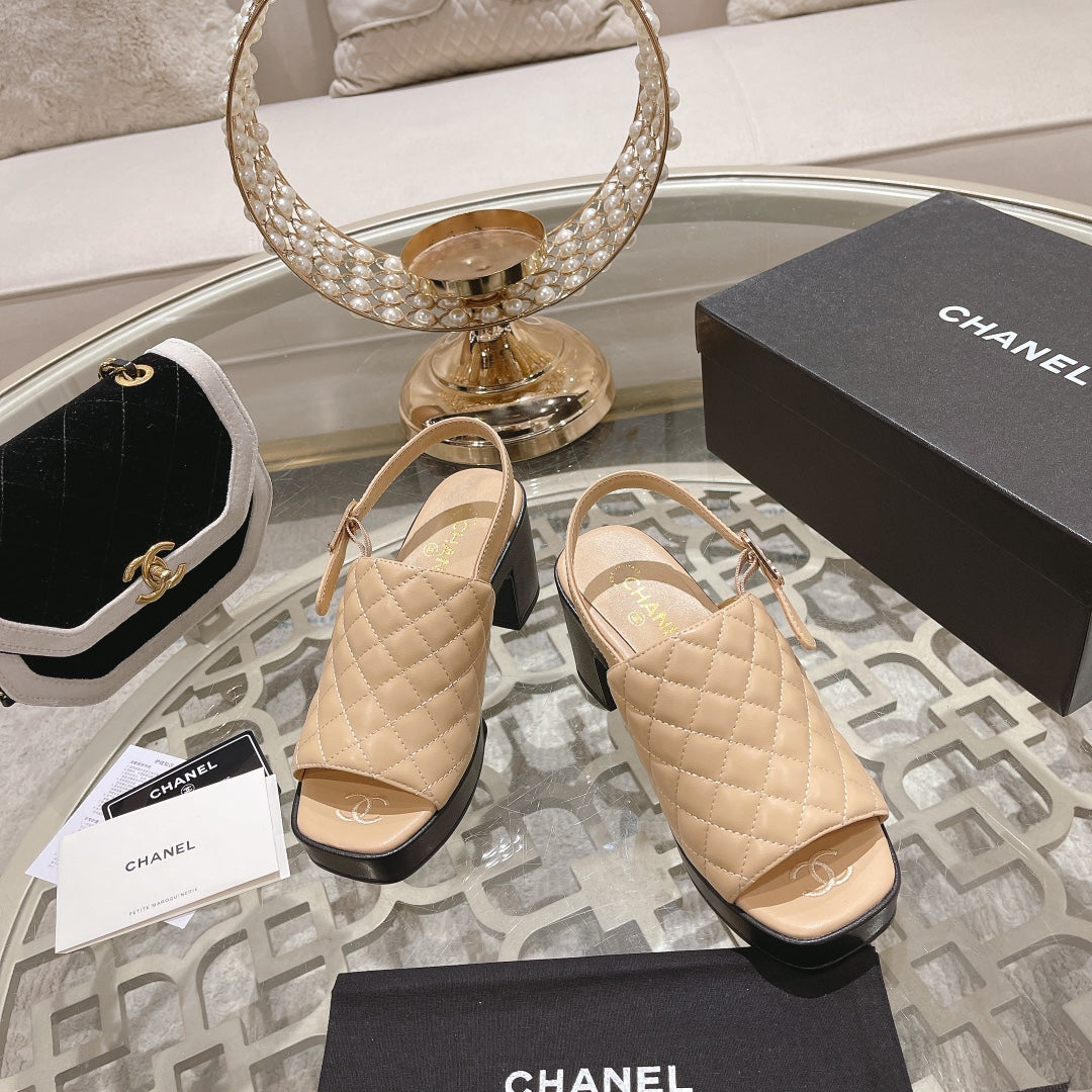 Double C  Chunky Heel Peep-Toe Open Sandals Beige Cream Lambskin - 35