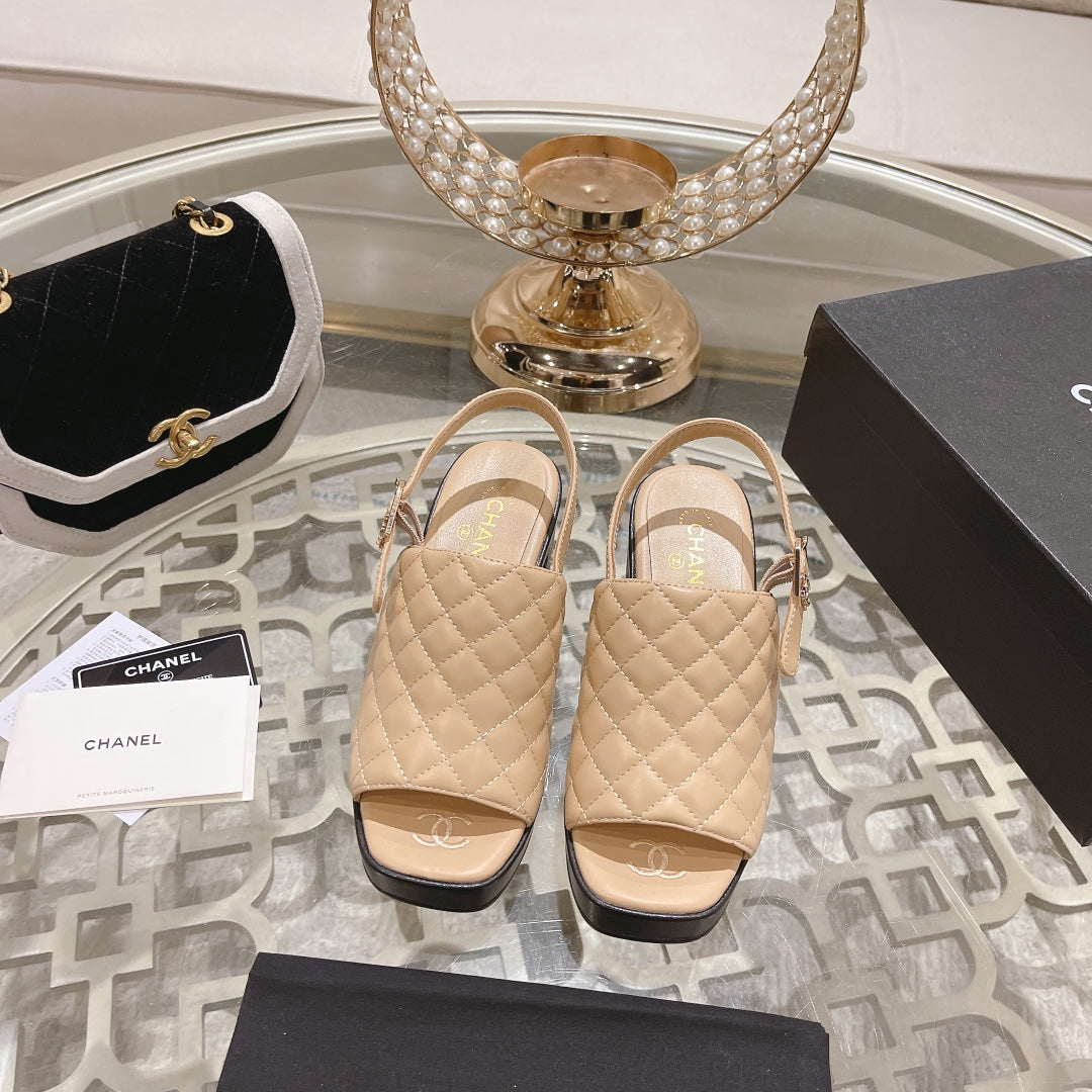 Double C  Chunky Heel Peep-Toe Open Sandals Beige Cream Lambskin - 35