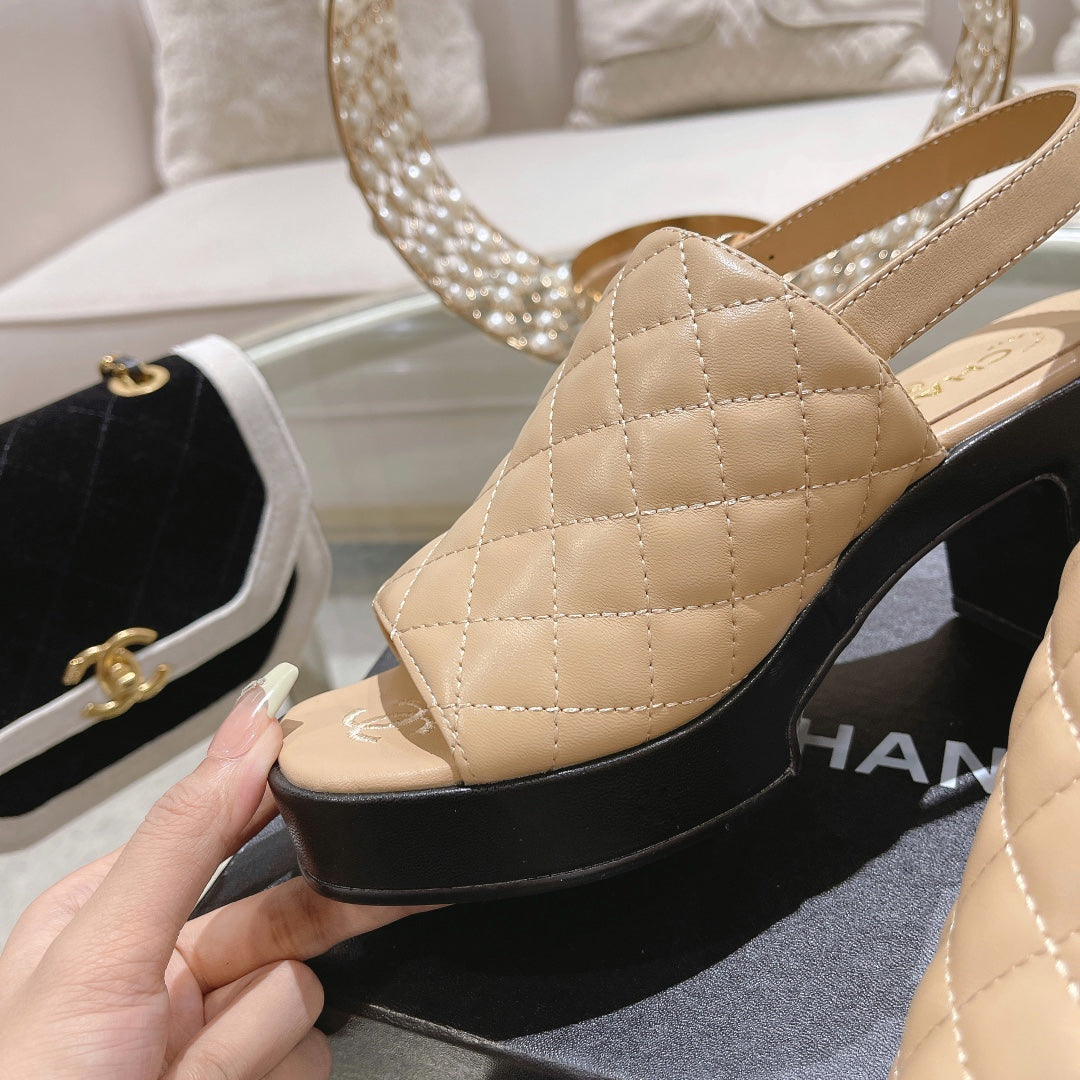 Double C  Chunky Heel Peep-Toe Open Sandals Beige Cream Lambskin - 35