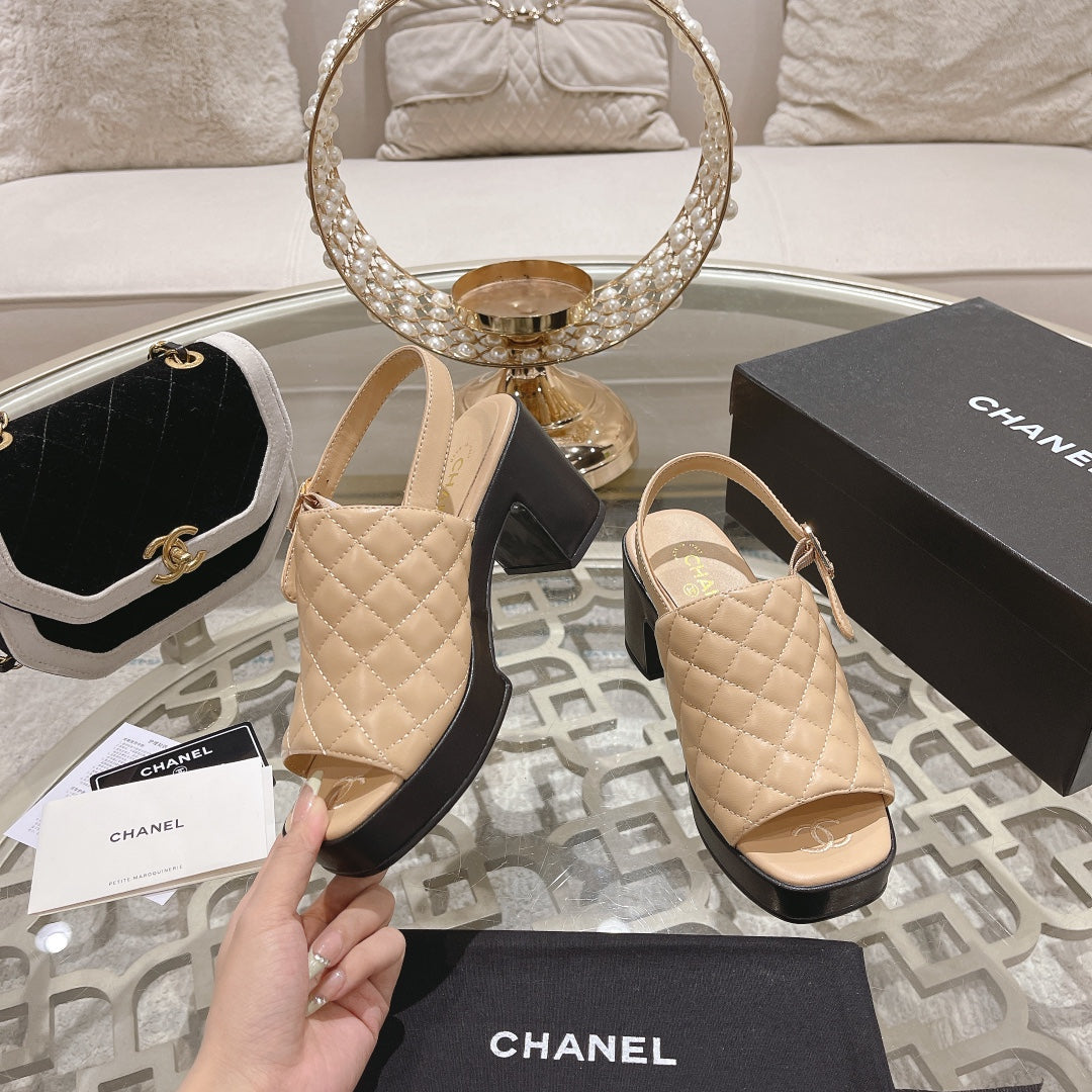 Double C  Chunky Heel Peep-Toe Open Sandals Beige Cream Lambskin - 35