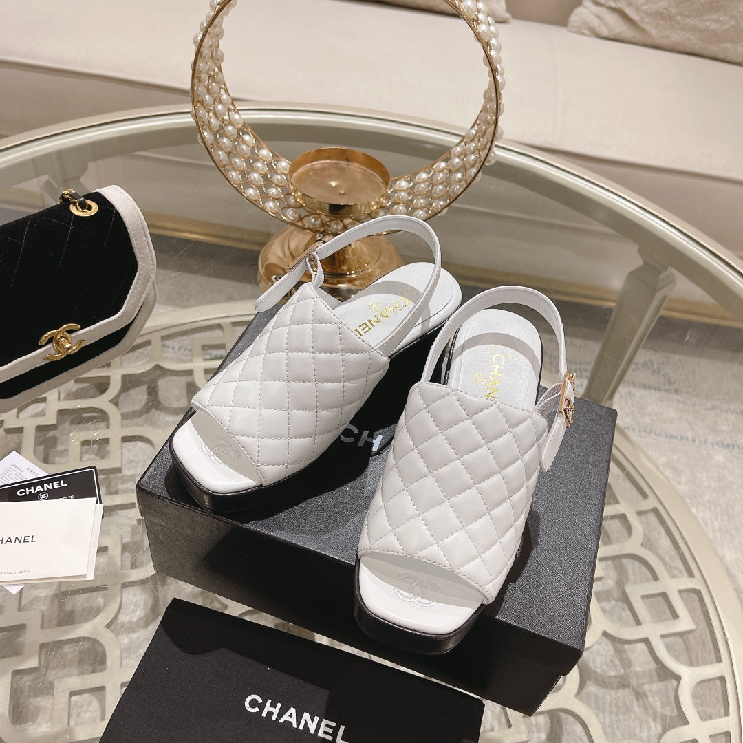 Double C  Chunky Heel Peep-Toe Open Sandals White Lambskin - 35