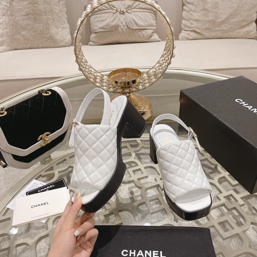 Double C  Chunky Heel Peep-Toe Open Sandals White Lambskin - 35
