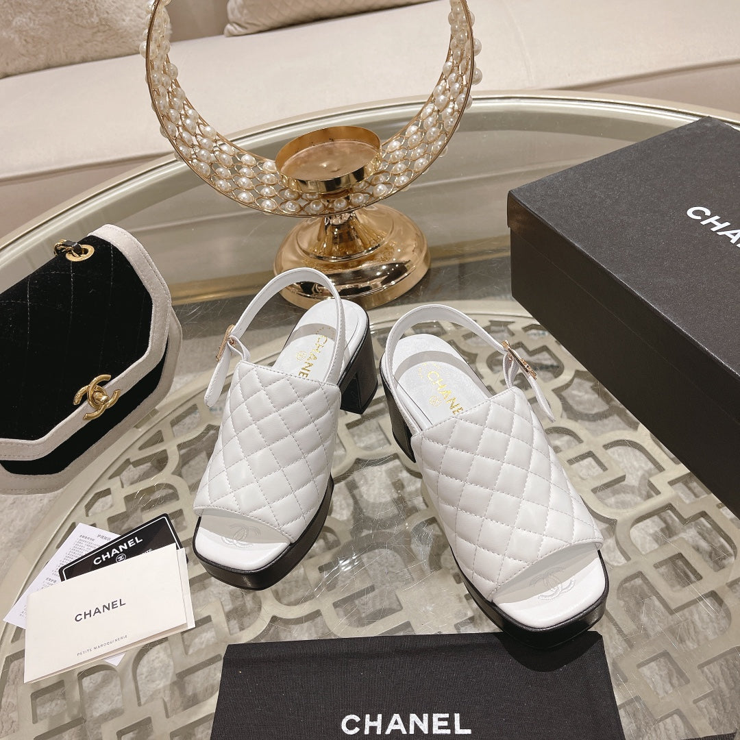 Double C  Chunky Heel Peep-Toe Open Sandals White Lambskin - 35