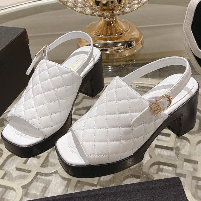 Double C  Chunky Heel Peep-Toe Open Sandals White Lambskin - 35