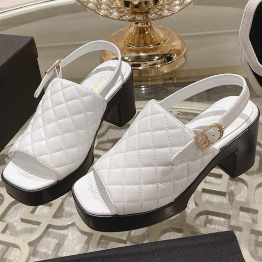 Double C  Chunky Heel Peep-Toe Open Sandals White Lambskin - 35