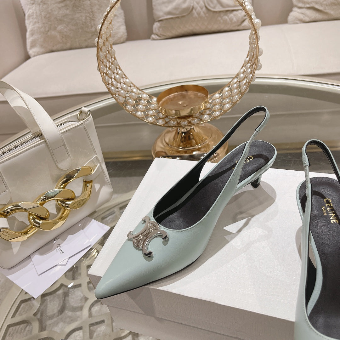 HIGH SLINGBACK 5 CM IN POWDER BLUE CALFSKIN - 34