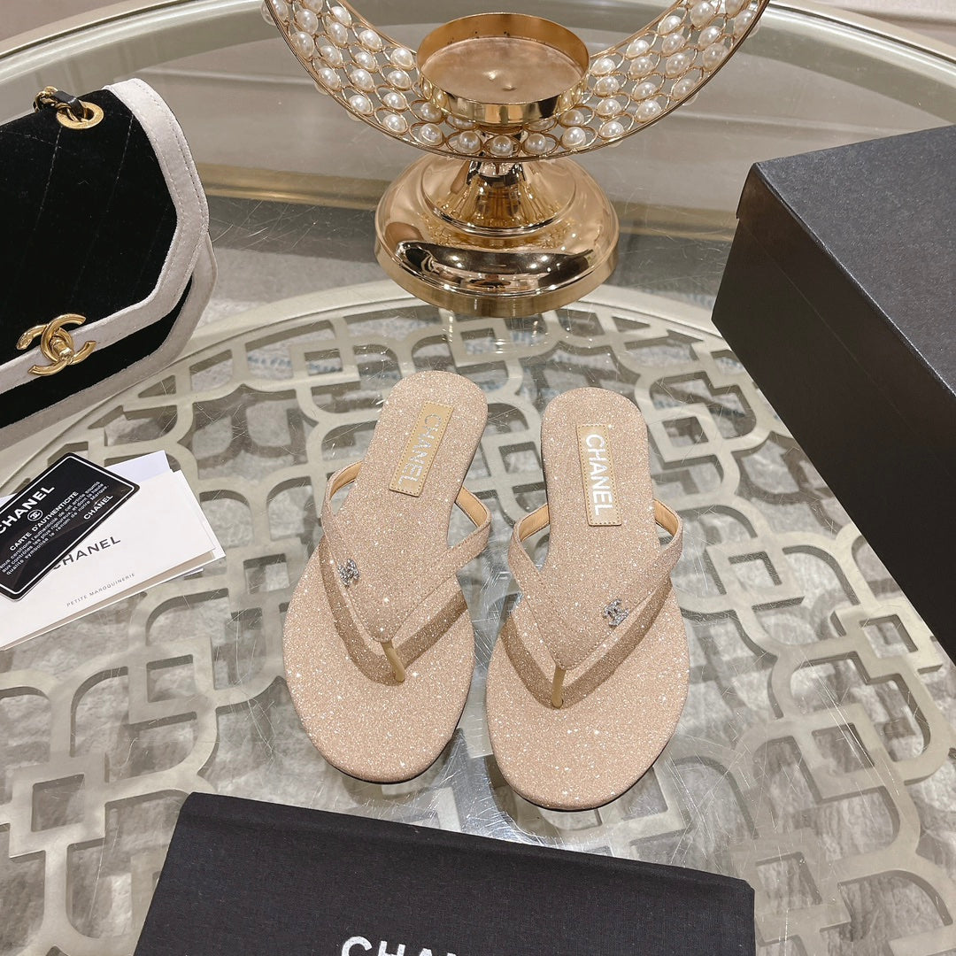 Double CC Rhinestone Flip  Flop Thongs Beige Cream Sheepskin - 35