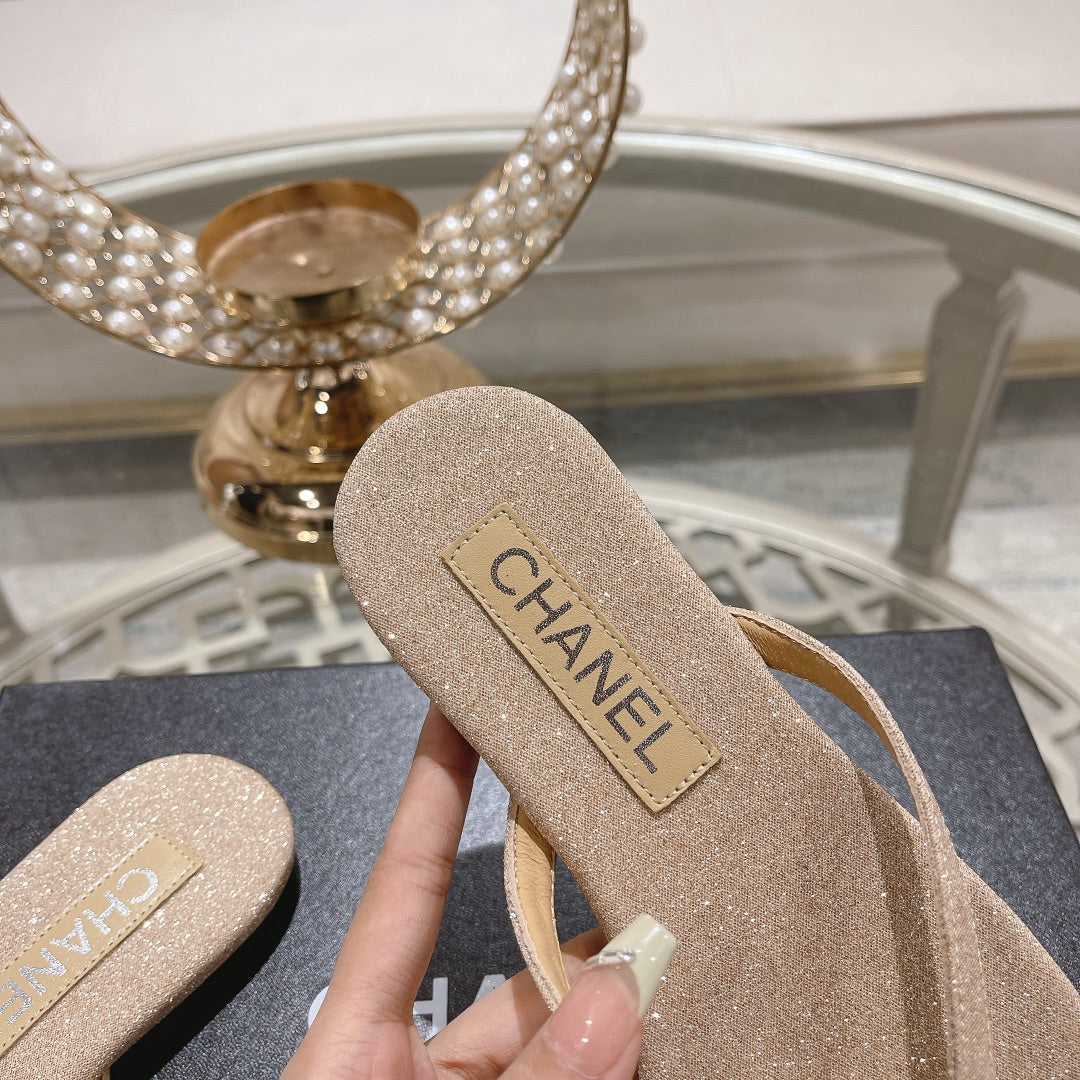 Double CC Rhinestone Flip  Flop Thongs Beige Cream Sheepskin - 35