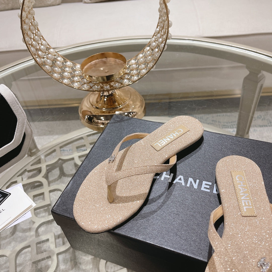 Double CC Rhinestone Flip  Flop Thongs Beige Cream Sheepskin - 35