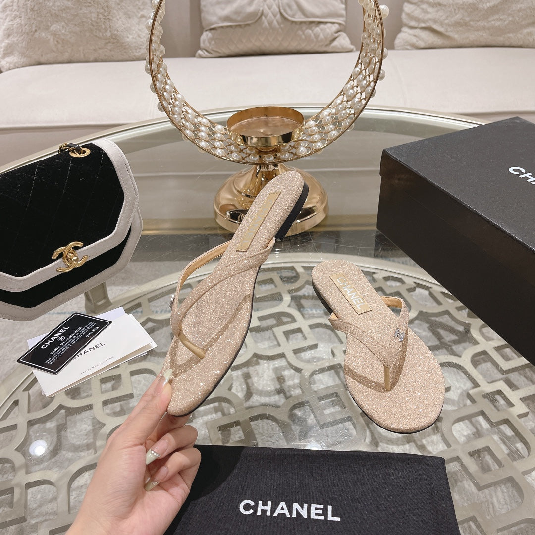 Double CC Rhinestone Flip  Flop Thongs Beige Cream Sheepskin - 35