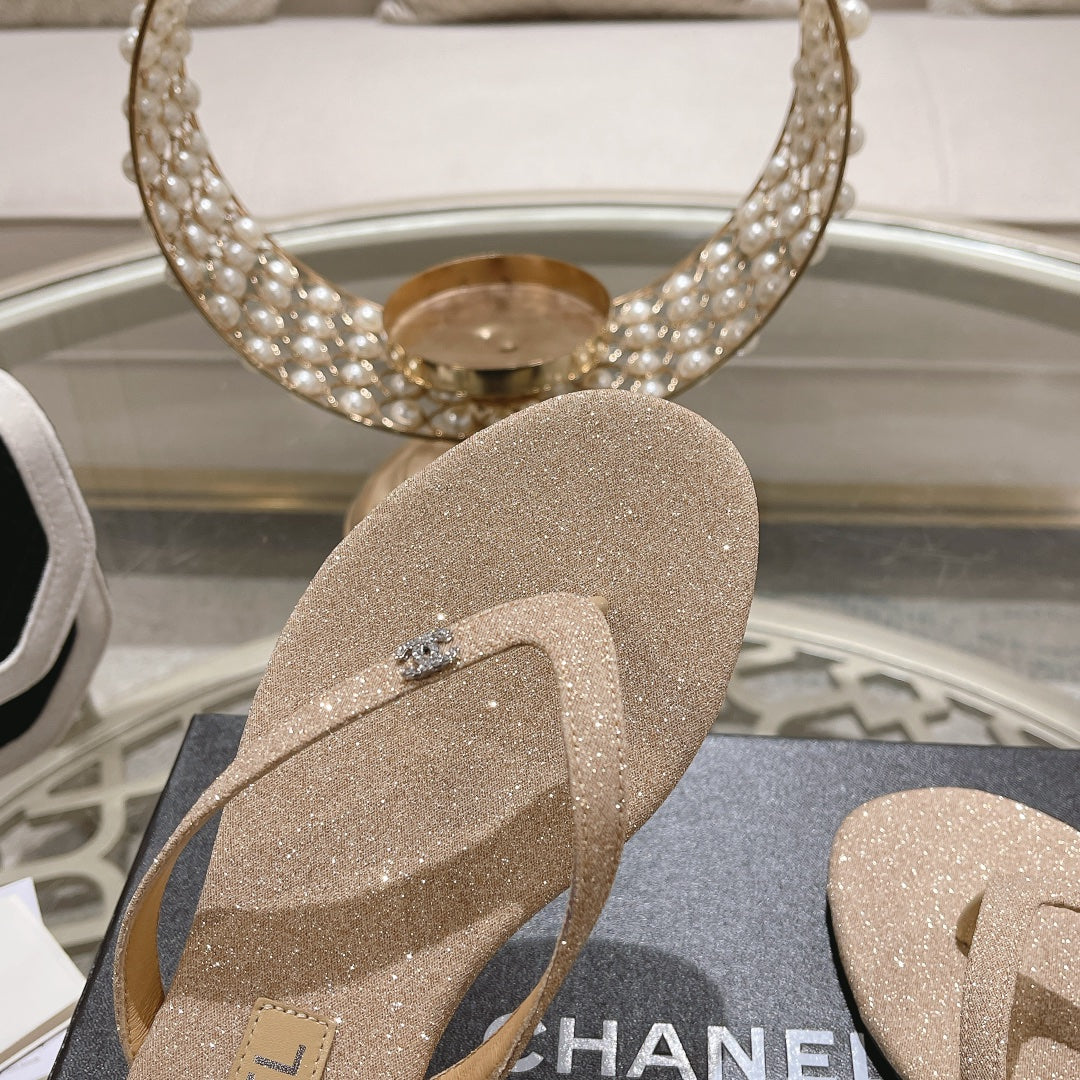Double CC Rhinestone Flip  Flop Thongs Beige Cream Sheepskin - 35