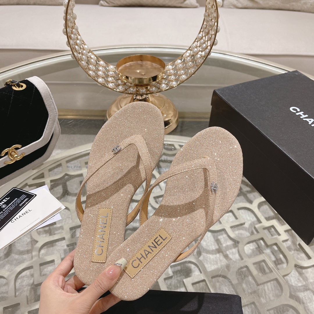 Double CC Rhinestone Flip  Flop Thongs Beige Cream Sheepskin - 35