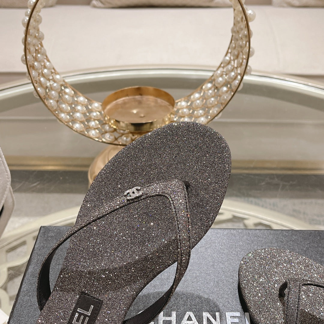 Double CC Rhinestone Flip  Flop Thongs Dark Gray Sheepskin - 35