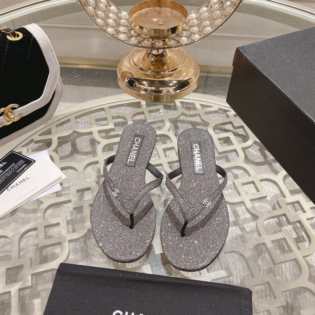 Double CC Rhinestone Flip  Flop Thongs Dark Gray Sheepskin - 35