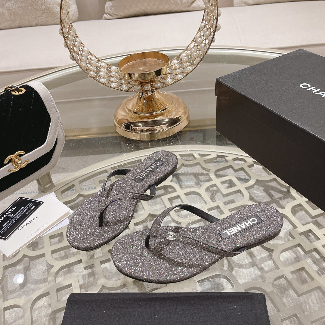 Double CC Rhinestone Flip  Flop Thongs Dark Gray Sheepskin - 35