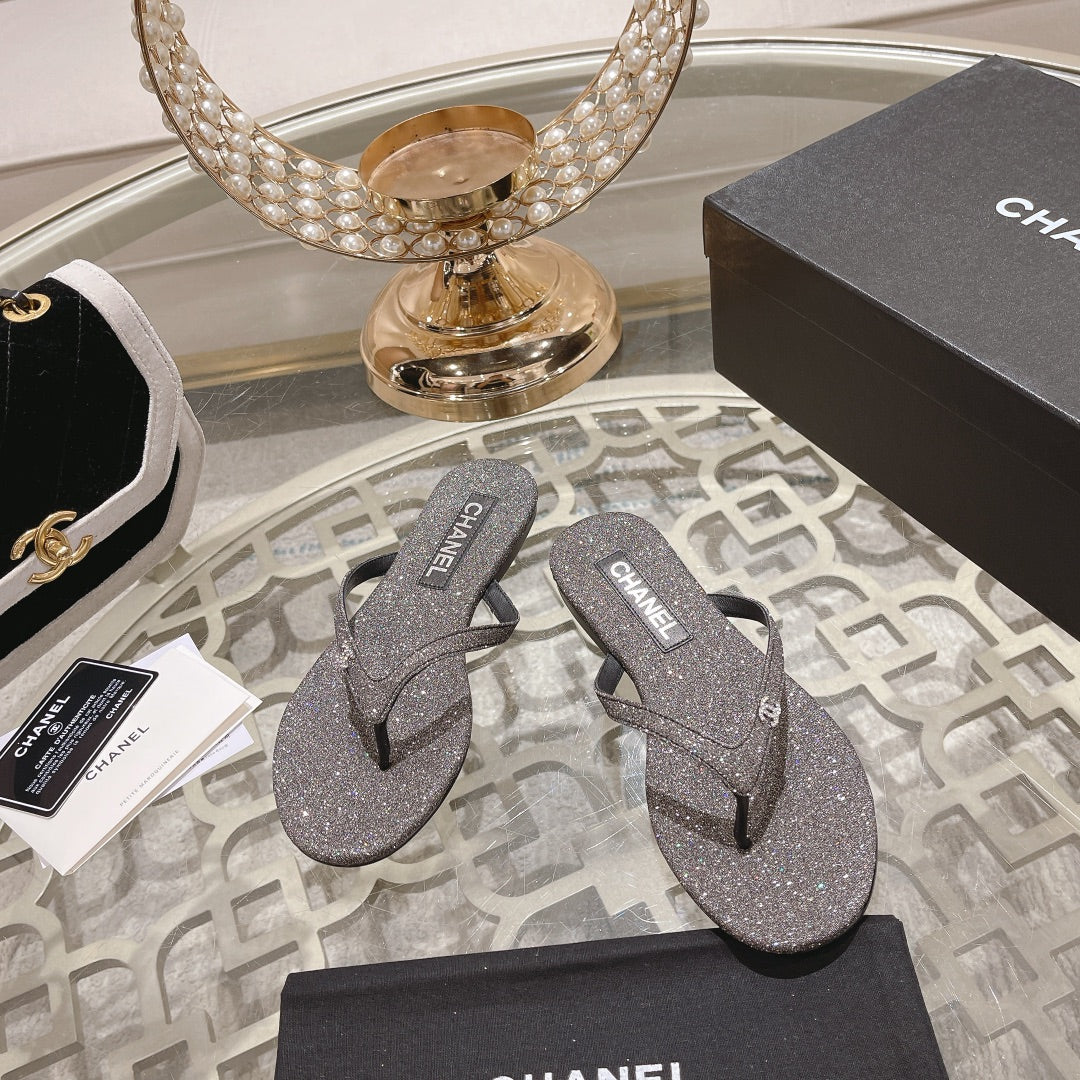 Double CC Rhinestone Flip  Flop Thongs Dark Gray Sheepskin - 35