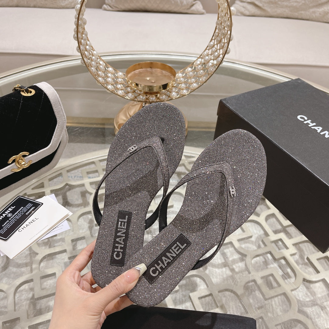 Double CC Rhinestone Flip  Flop Thongs Dark Gray Sheepskin - 35