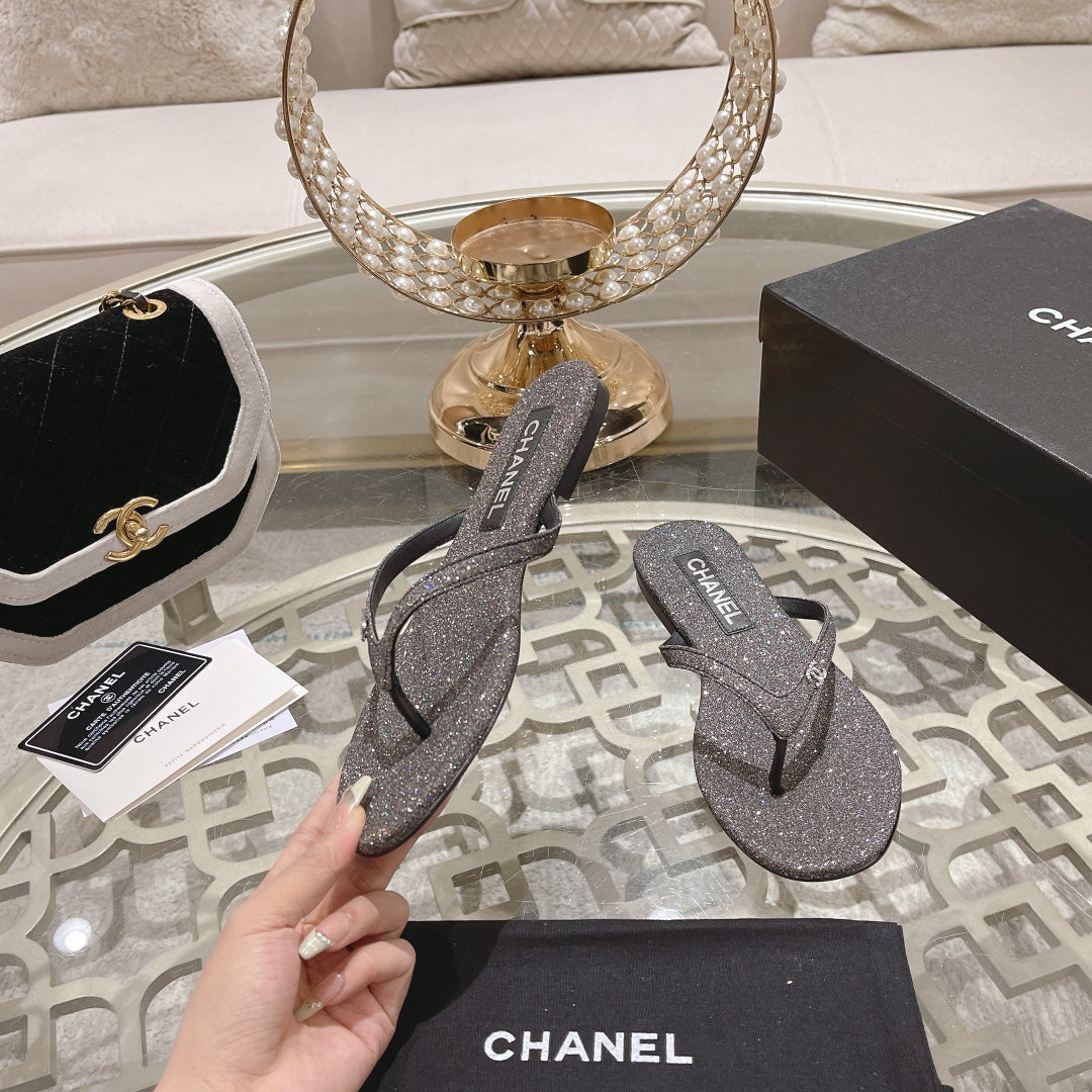 Double CC Rhinestone Flip  Flop Thongs Dark Gray Sheepskin - 35