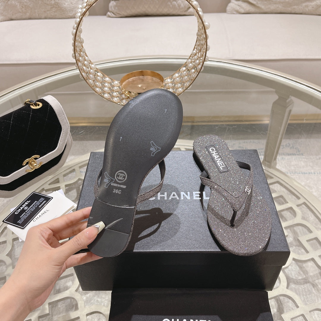 Double CC Rhinestone Flip  Flop Thongs Dark Gray Sheepskin - 35
