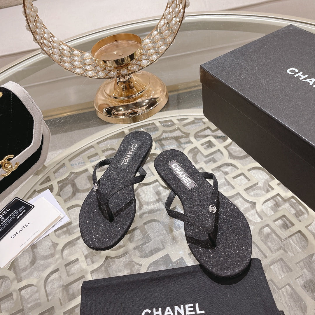 Double CC Rhinestone Flip  Flop Thongs Black Sheepskin - 35