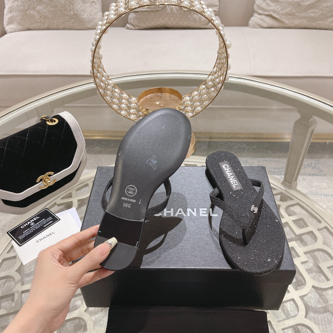 Double CC Rhinestone Flip  Flop Thongs Black Sheepskin - 35