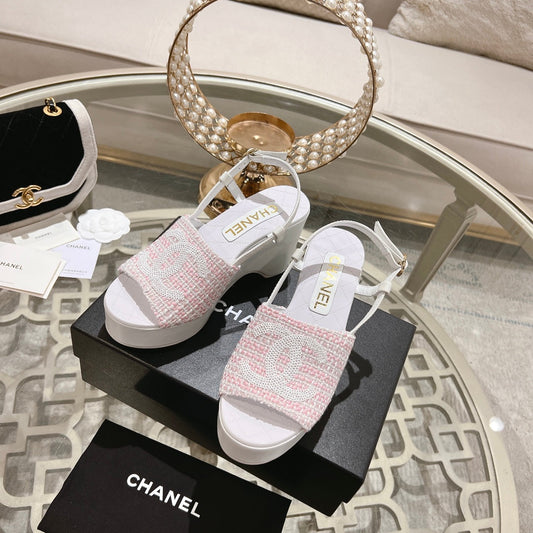 WEDGE SANDALS IN LIGHT PINK FABRIC WITH WHITE LOGO - 34