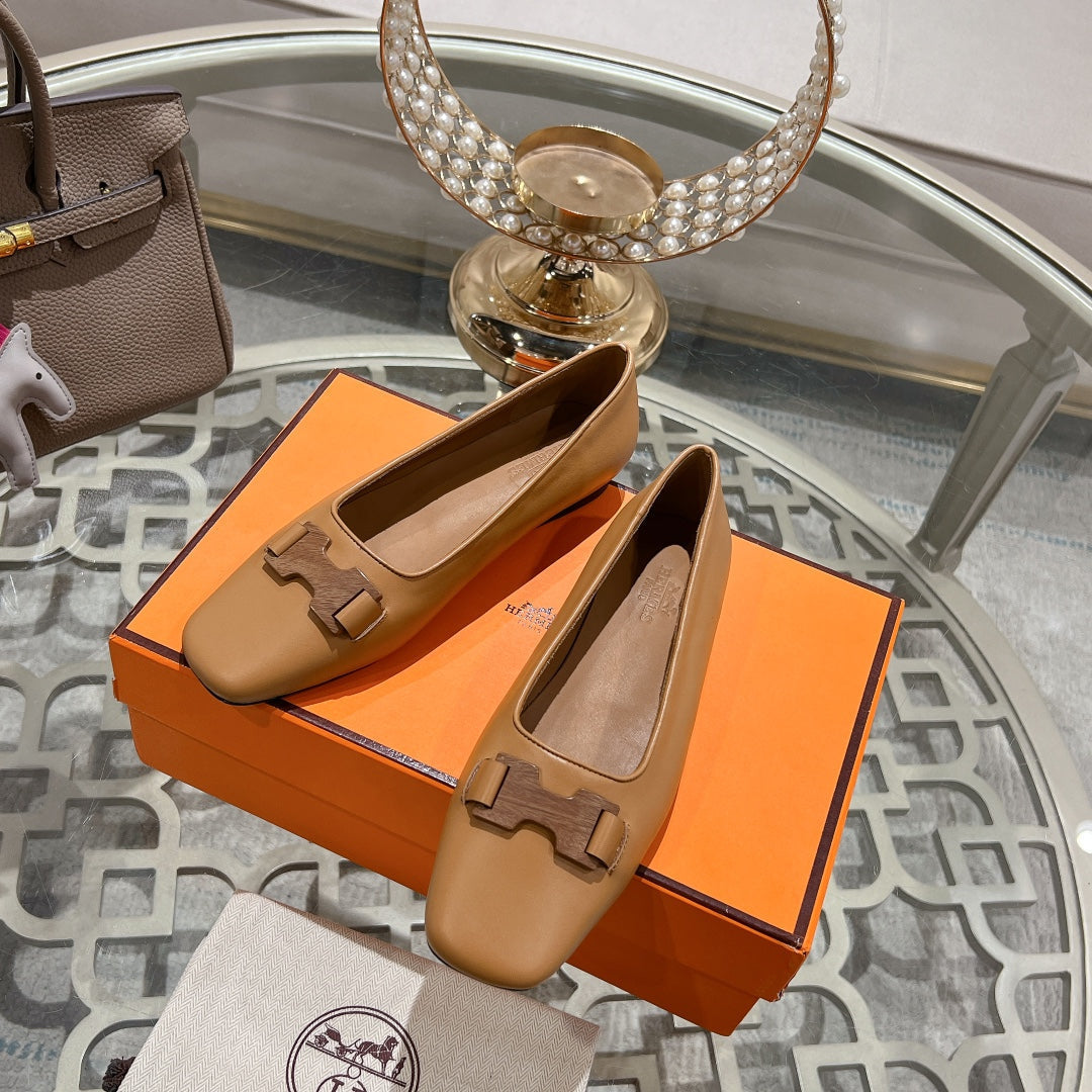 H - BUCKLE BALLET LIGHT BROWN CALFSKIN - 35