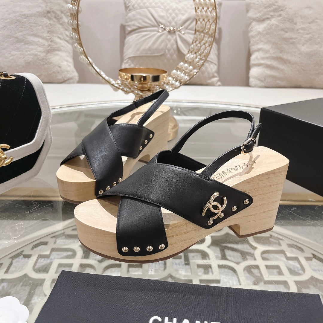 Double CC  Wood Grain Platform Sandals Black Sheepskeen - 35