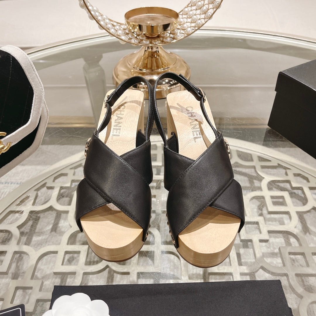 Double CC  Wood Grain Platform Sandals Black Sheepskeen - 35