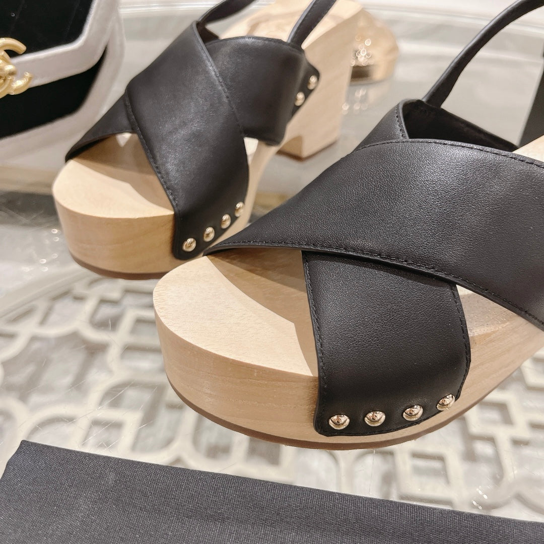 Double CC  Wood Grain Platform Sandals Black Sheepskeen - 35