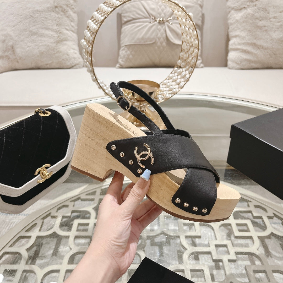 Double CC  Wood Grain Platform Sandals Black Sheepskeen - 35
