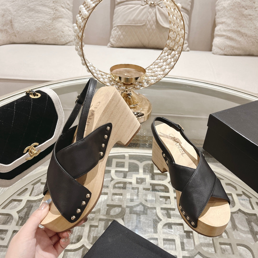 Double CC  Wood Grain Platform Sandals Black Sheepskeen - 35