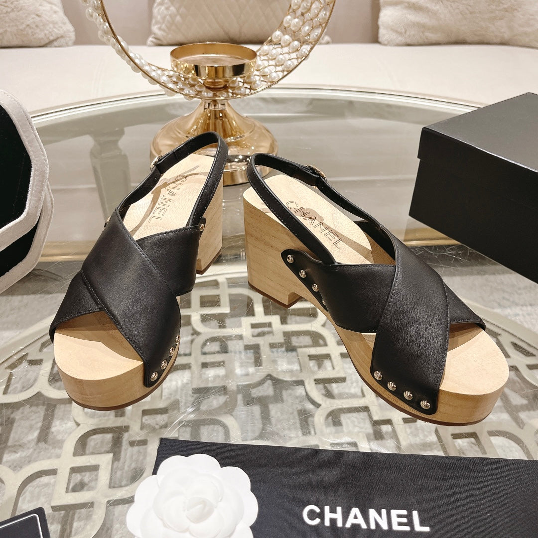 Double CC  Wood Grain Platform Sandals Black Sheepskeen - 35