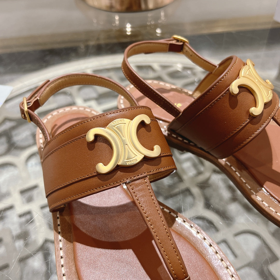 LYMPIA TRIOMPHE THONG IN CALFSKIN CARAMEL BROWN - 35