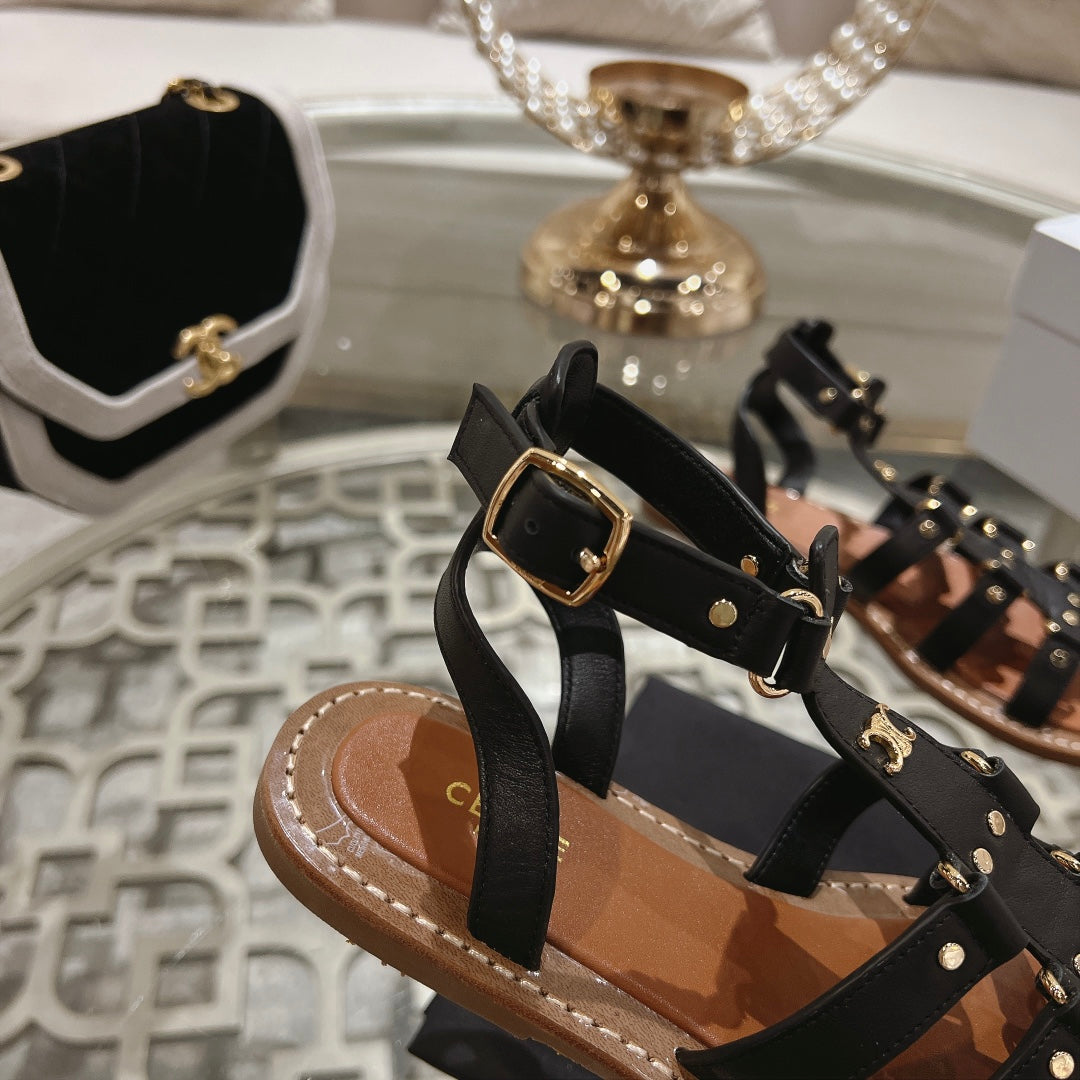 CLEA TRIOMPHE GLADIATOR SANDAL IN BLACK CALFSKIN - VEGETAL TANNING - 35
