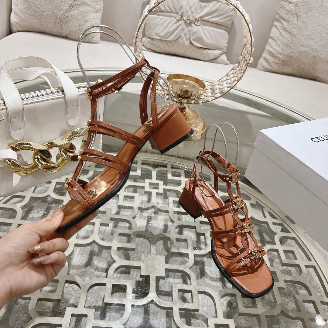 HIGH 45MM BLOCK HEEL SANDAL IN RUSSET BROWN LAMBSKIN - 35