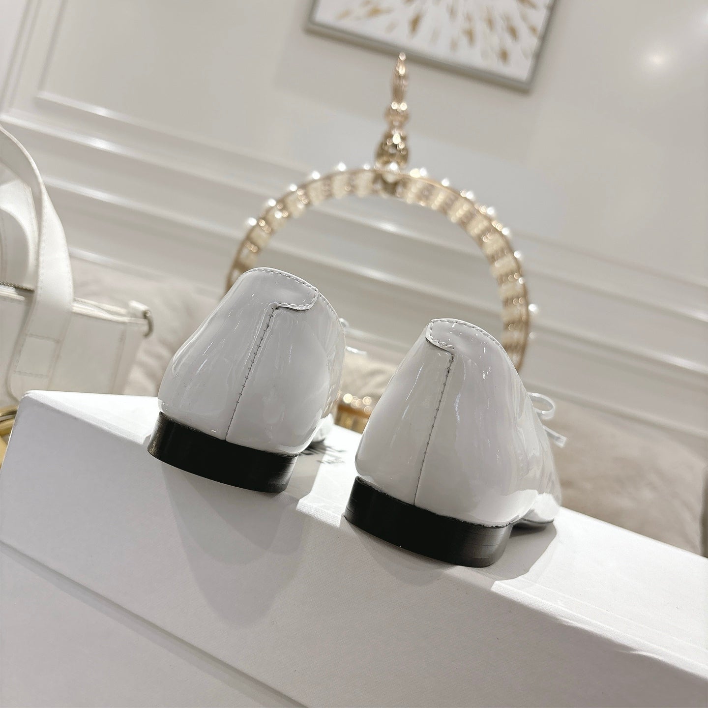SUZY POINTY TOE BALLERINA IN WHITE PATENT CALFSKIN - 34