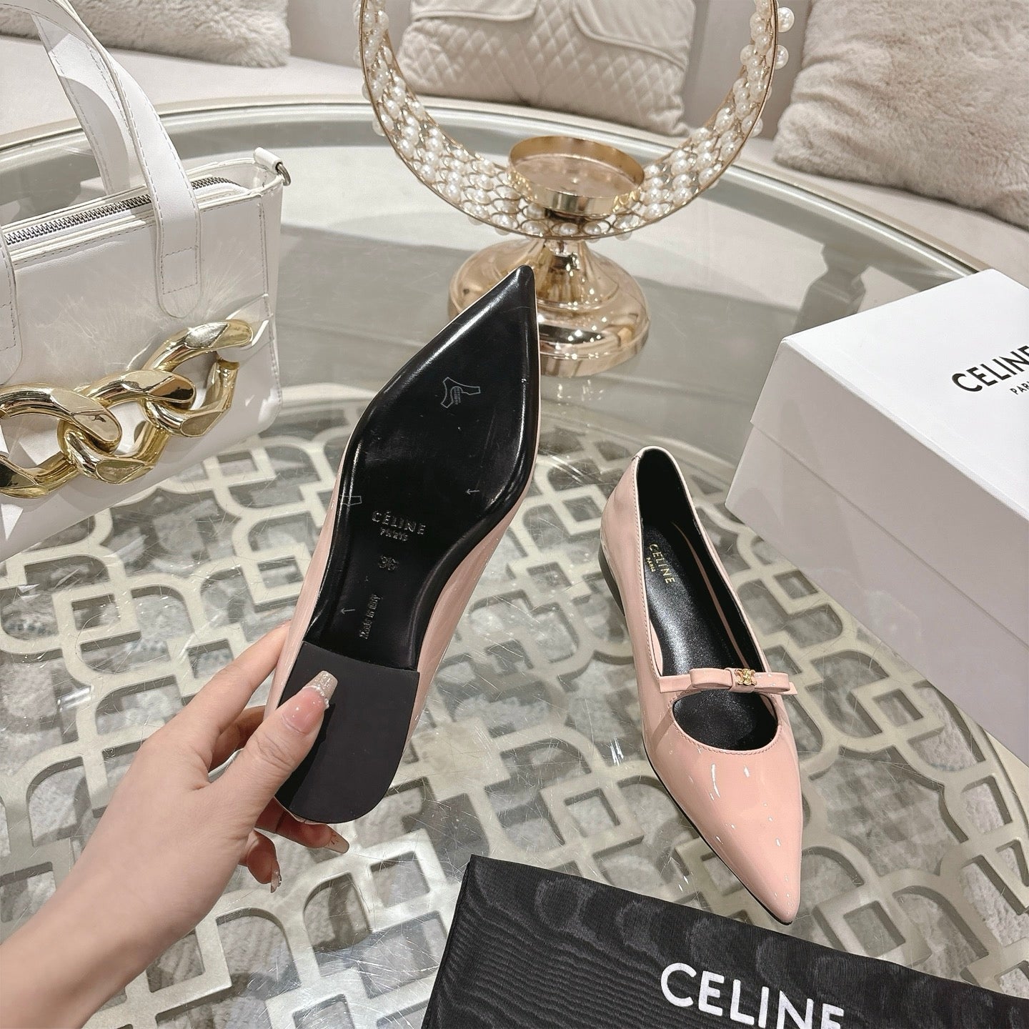 SUZY POINTY TOE BALLERINA IN BLUSH PINK PATENT CALFSKIN - 34