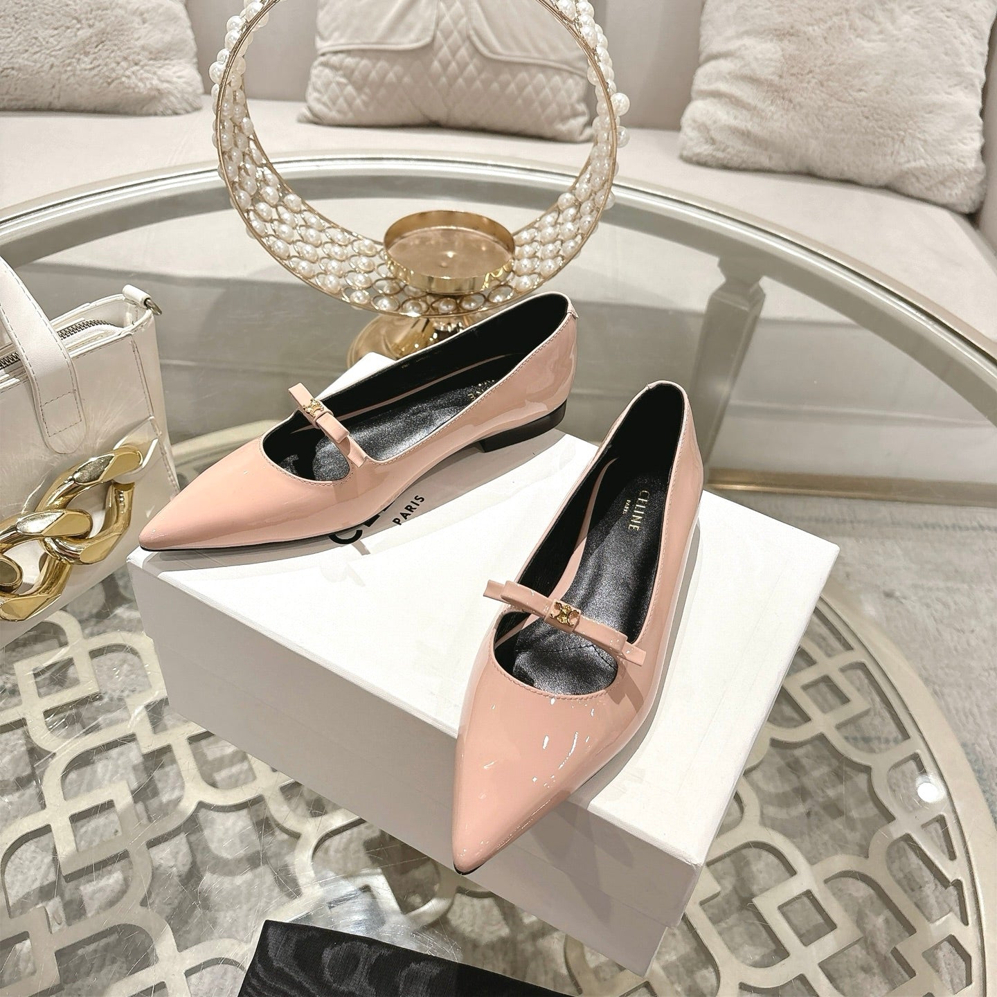 SUZY POINTY TOE BALLERINA IN BLUSH PINK PATENT CALFSKIN - 34