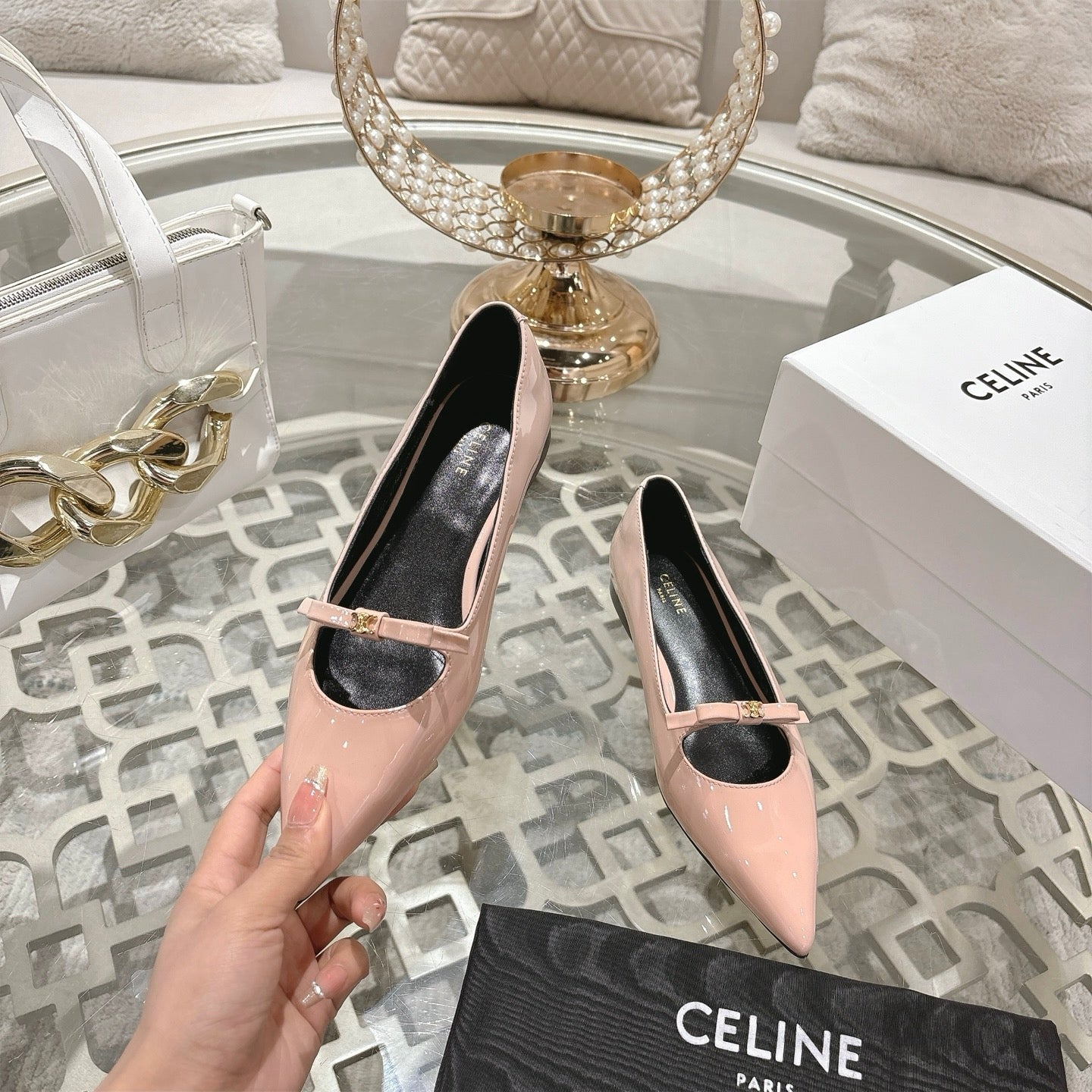 SUZY POINTY TOE BALLERINA IN BLUSH PINK PATENT CALFSKIN - 34