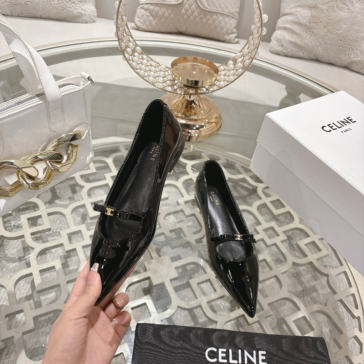 SUZY POINTY TOE BALLERINA IN BLACK PATENT CALFSKIN - 34