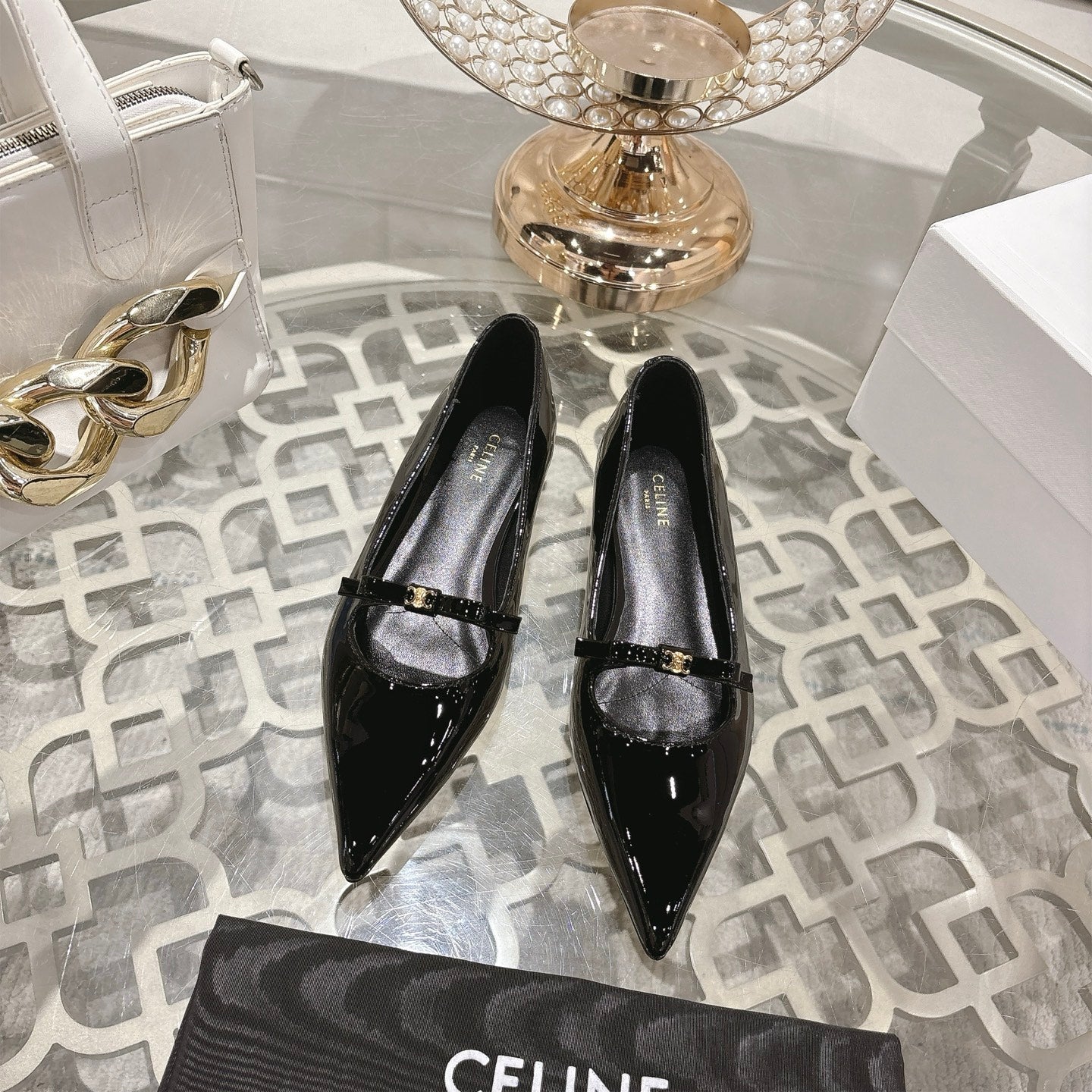 SUZY POINTY TOE BALLERINA IN BLACK PATENT CALFSKIN - 34