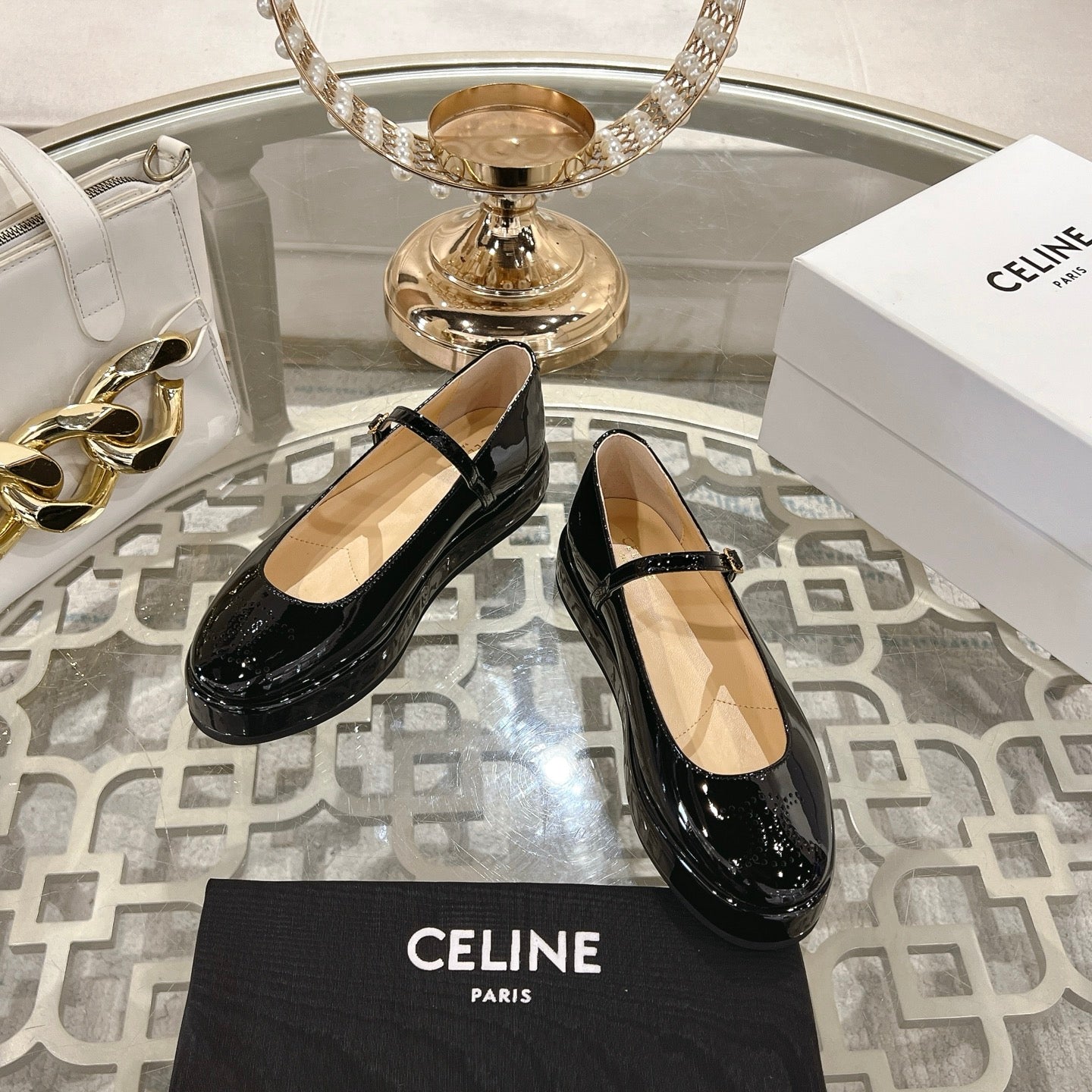 CLARA WEDGE MARY-JANE BALLERINA IN BLACK PATENT CALFSKIN - 35