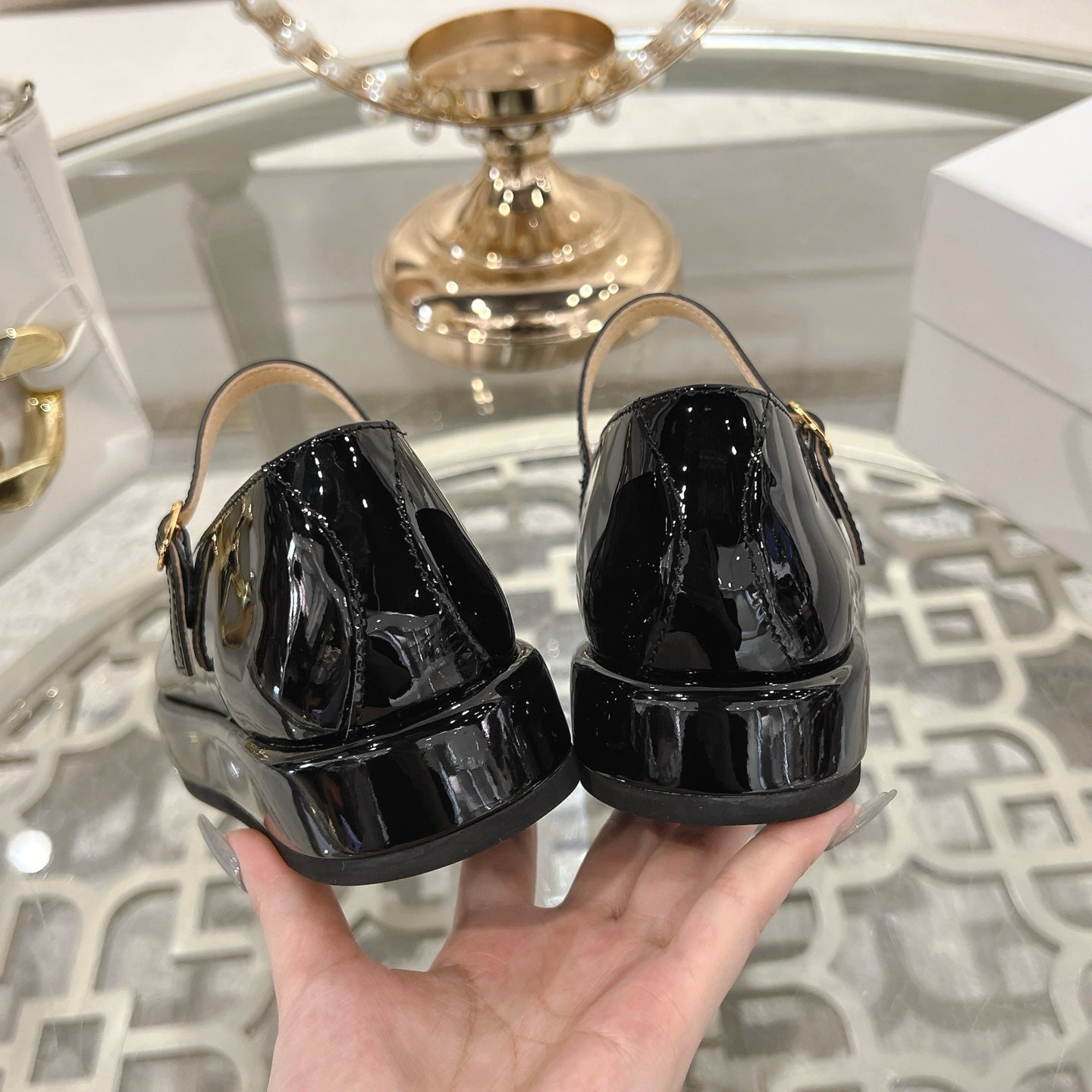 CLARA WEDGE MARY-JANE BALLERINA IN BLACK PATENT CALFSKIN - 35
