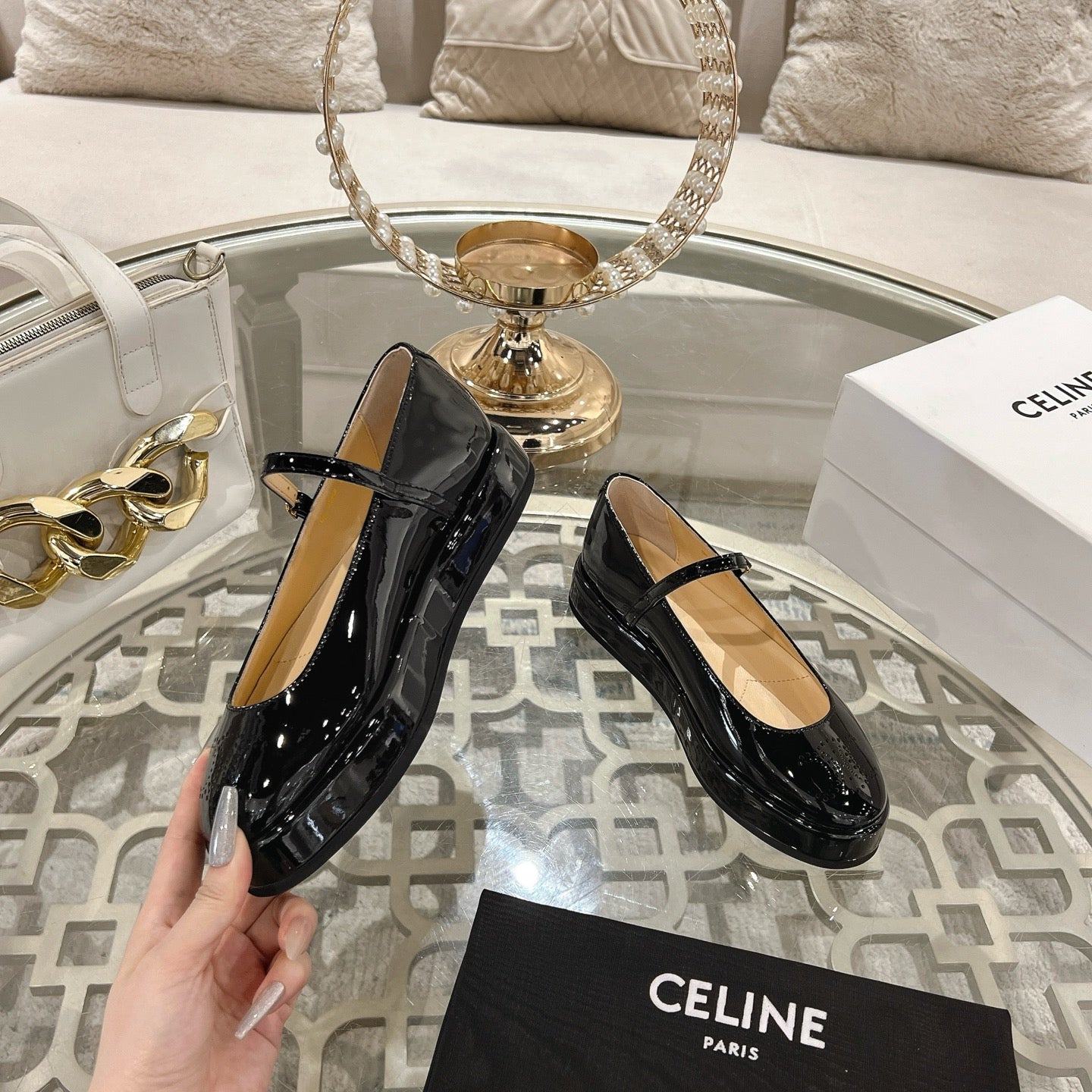CLARA WEDGE MARY-JANE BALLERINA IN BLACK PATENT CALFSKIN - 35
