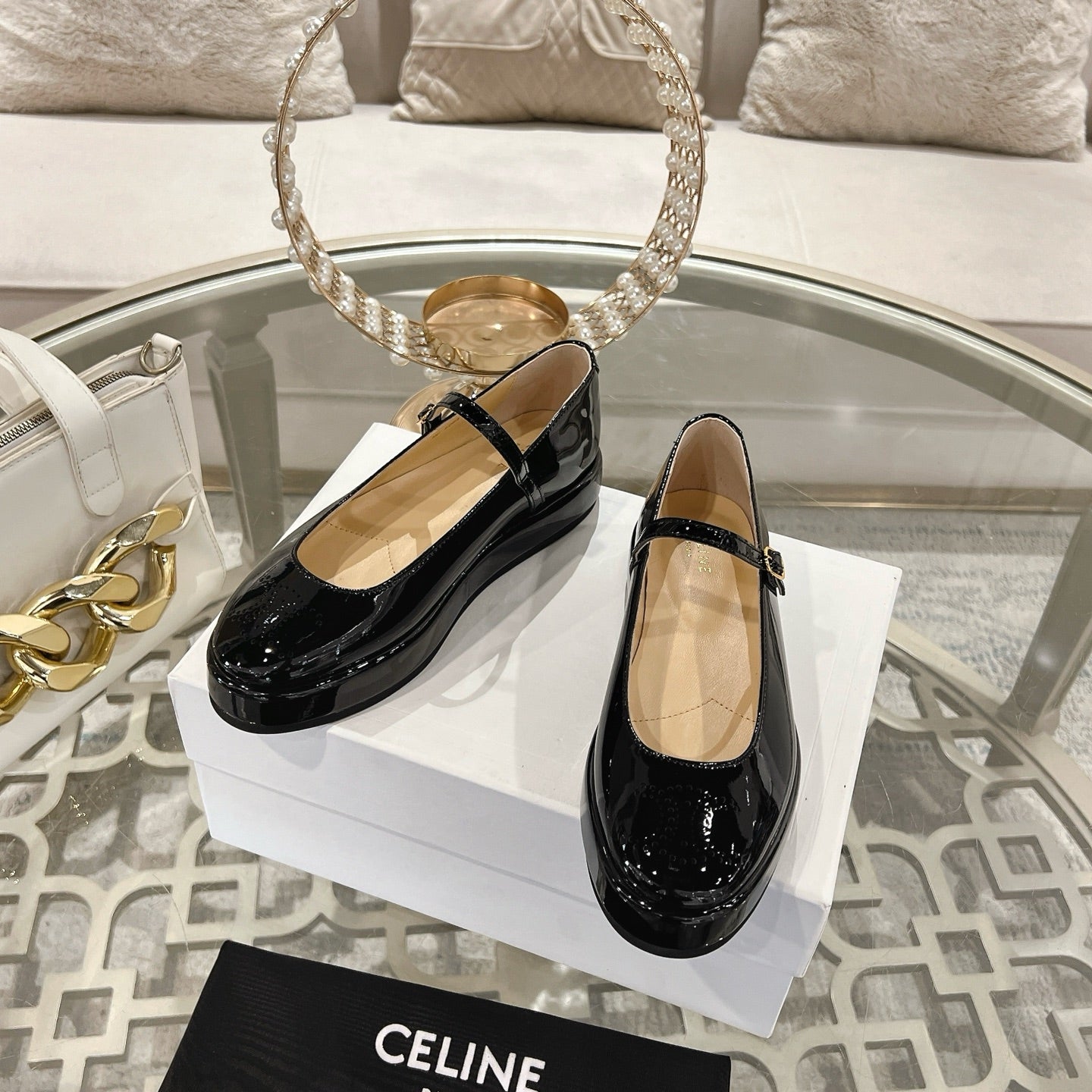 CLARA WEDGE MARY-JANE BALLERINA IN BLACK PATENT CALFSKIN - 35