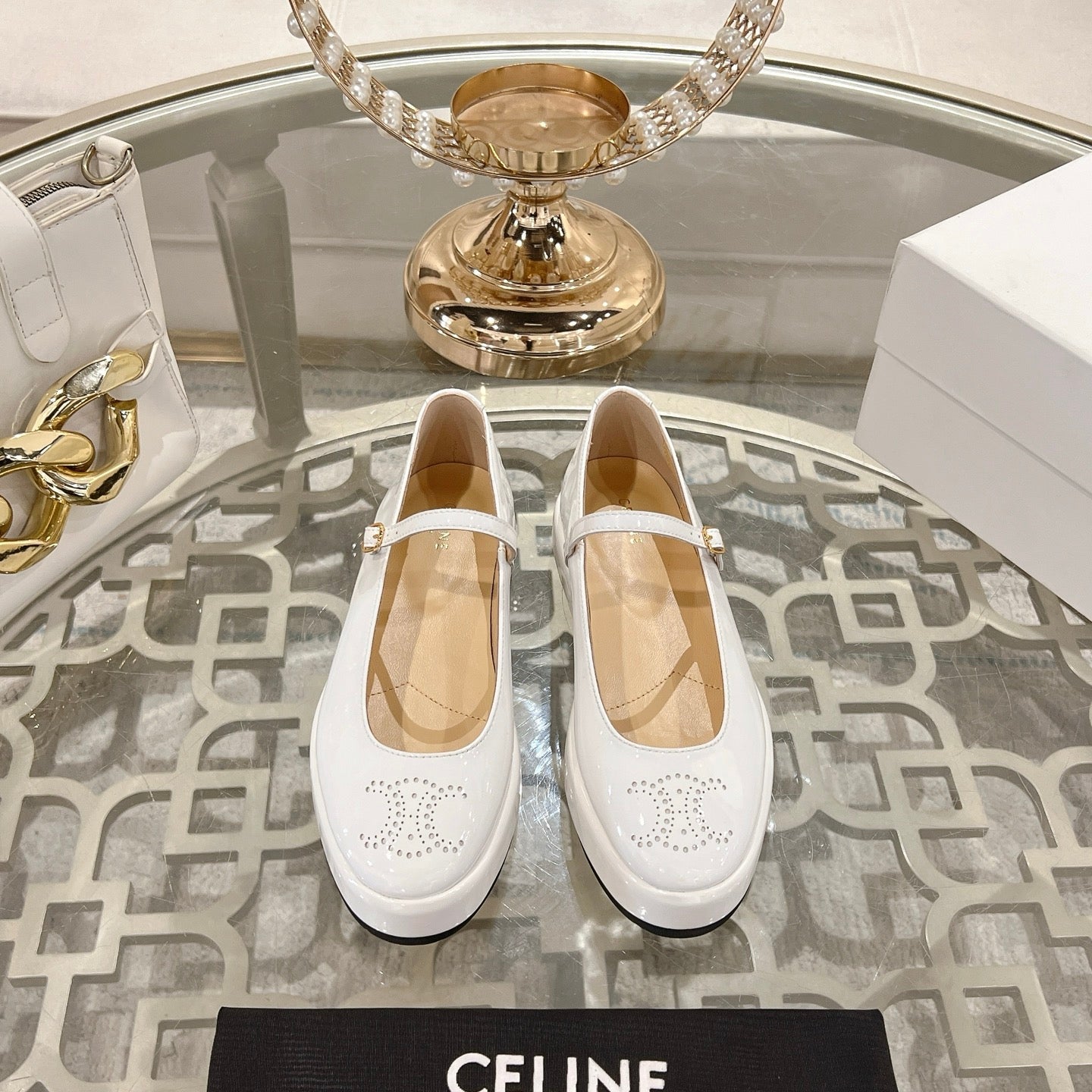 CLARA WEDGE MARY-JANE BALLERINA IN WHITE PATENT CALFSKIN - 35